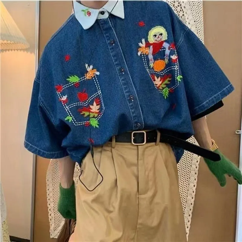 2022 Men's Cartoon Embroidered Denim Short Sleeved Shirts Fashion Trend Brand Lapel Collar Denim Coats Blue Color Shirts M-XL