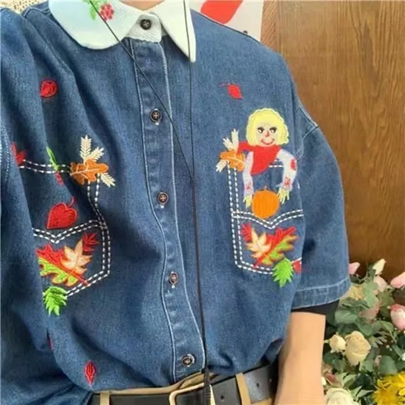2022 Men's Cartoon Embroidered Denim Short Sleeved Shirts Fashion Trend Brand Lapel Collar Denim Coats Blue Color Shirts M-XL