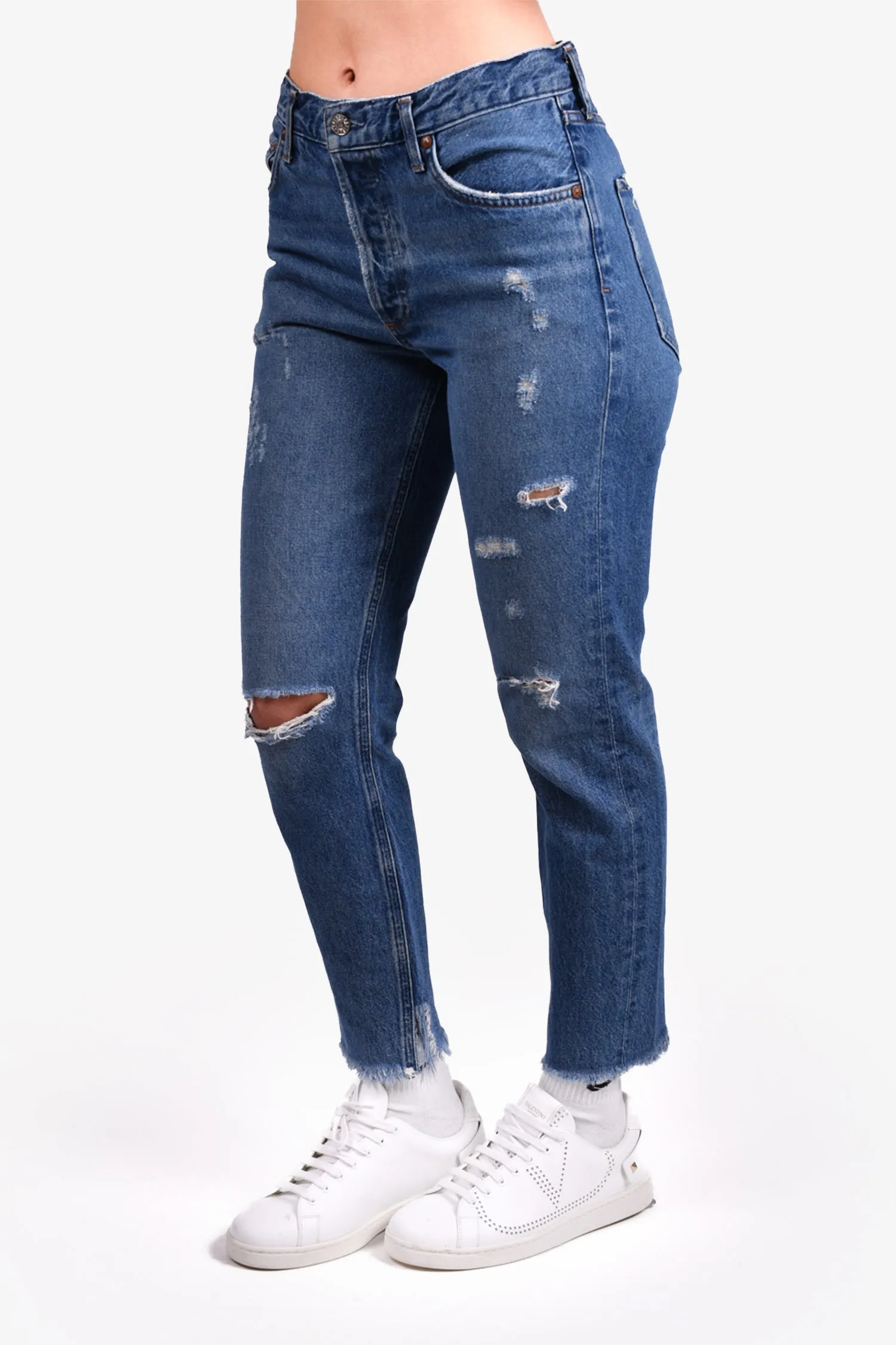Agolde Blue Denim Distressed 'Feel Good' Straight Leg Jeans Size 27