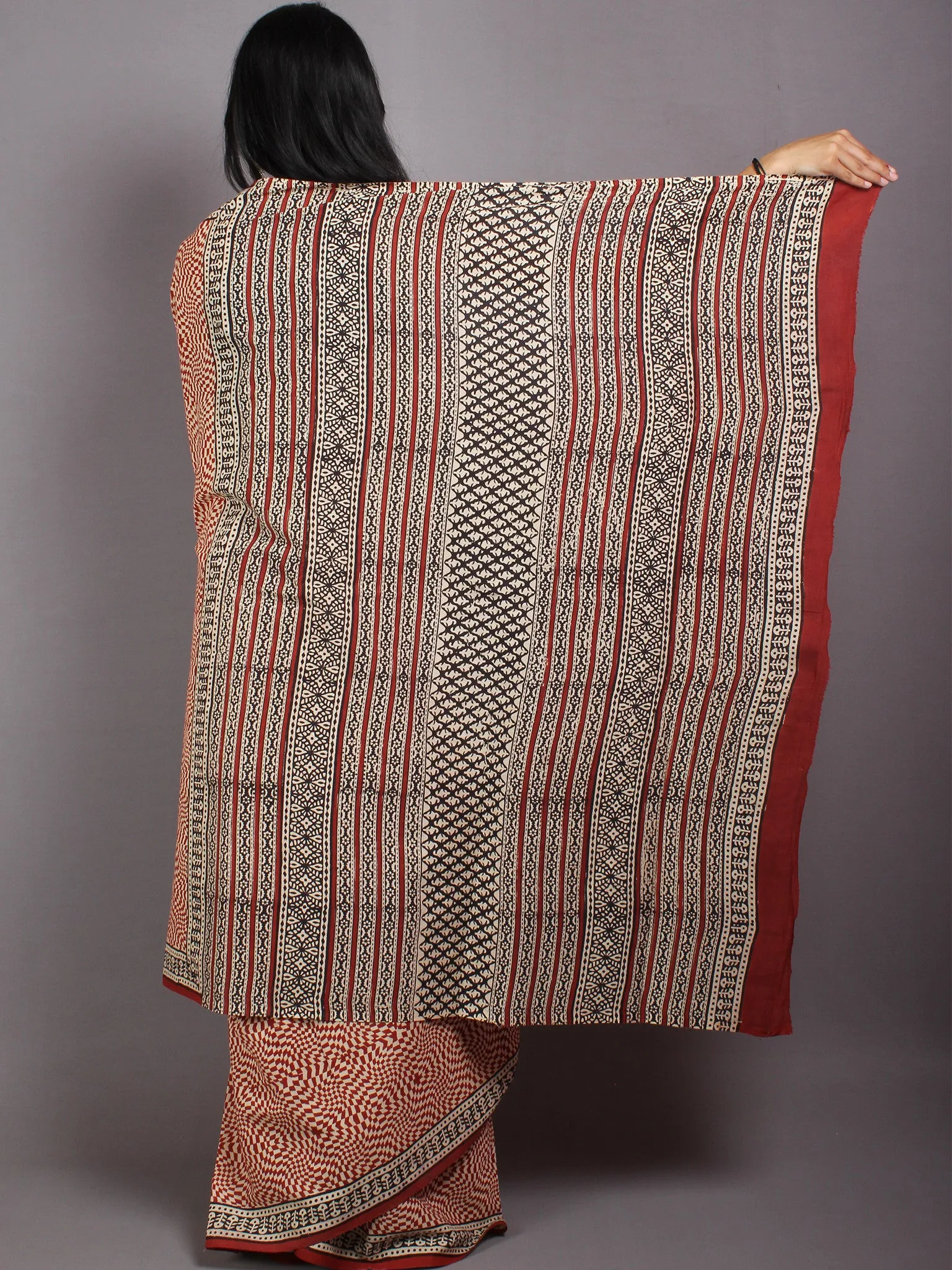 Beige Red Black Cotton Hand Block Printed Saree in Natural Colors - S03170565