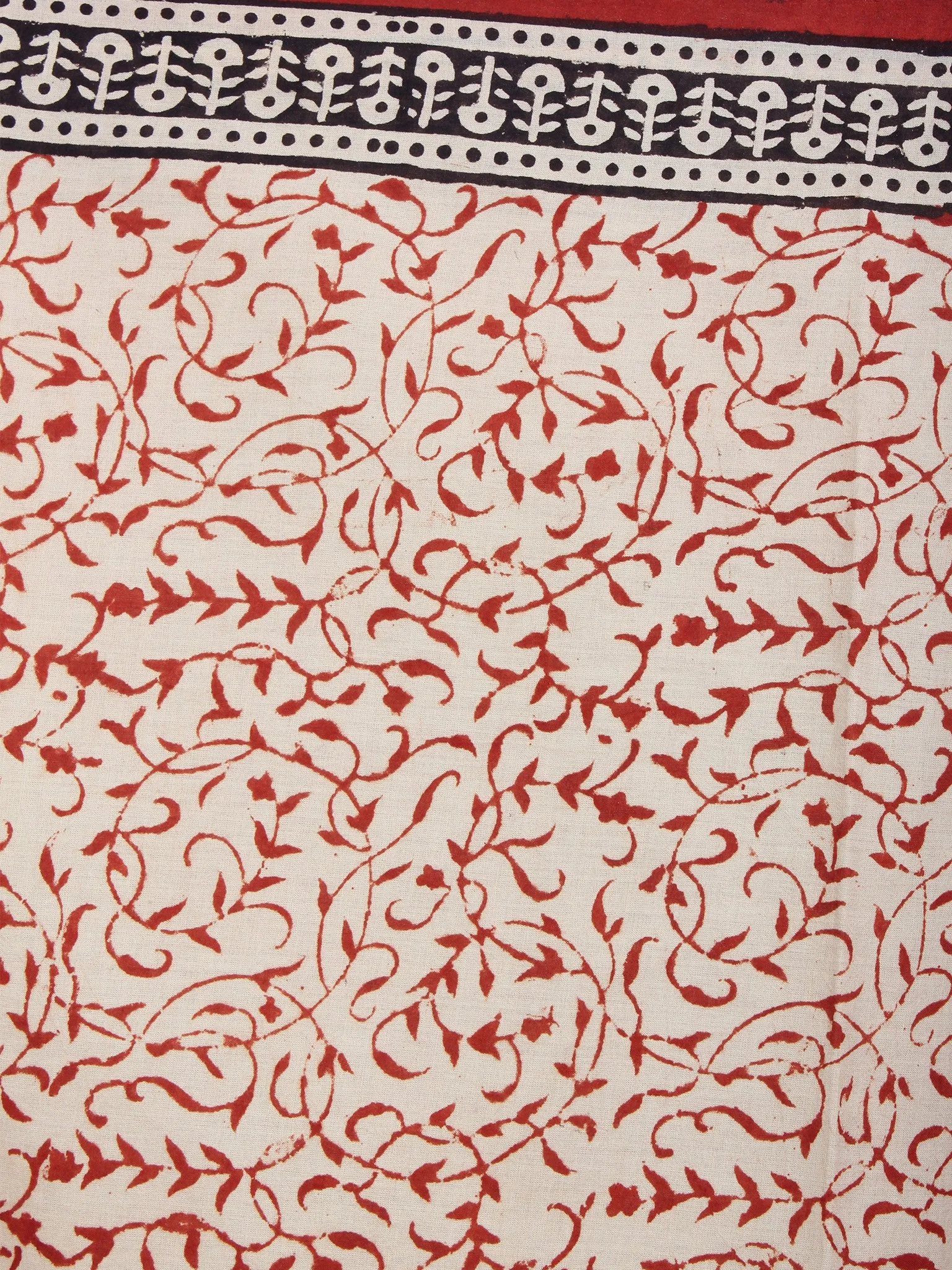 Beige Red Black Cotton Hand Block Printed Saree in Natural Colors - S03170565