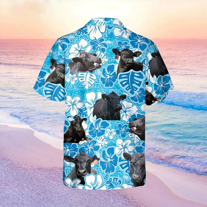Black Angus Blue Floral Hawaiian Shirt, Cow Hawaii Shirt, Cow Lovers Shirt For Men