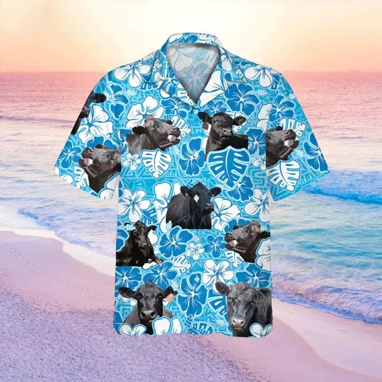 Black Angus Blue Floral Hawaiian Shirt, Cow Hawaii Shirt, Cow Lovers Shirt For Men