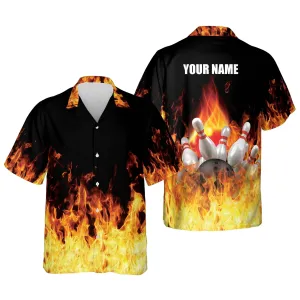 Button-Down Flame bowling Hawaiian Shirt, Bowling Team Shirt, Bowling Gift