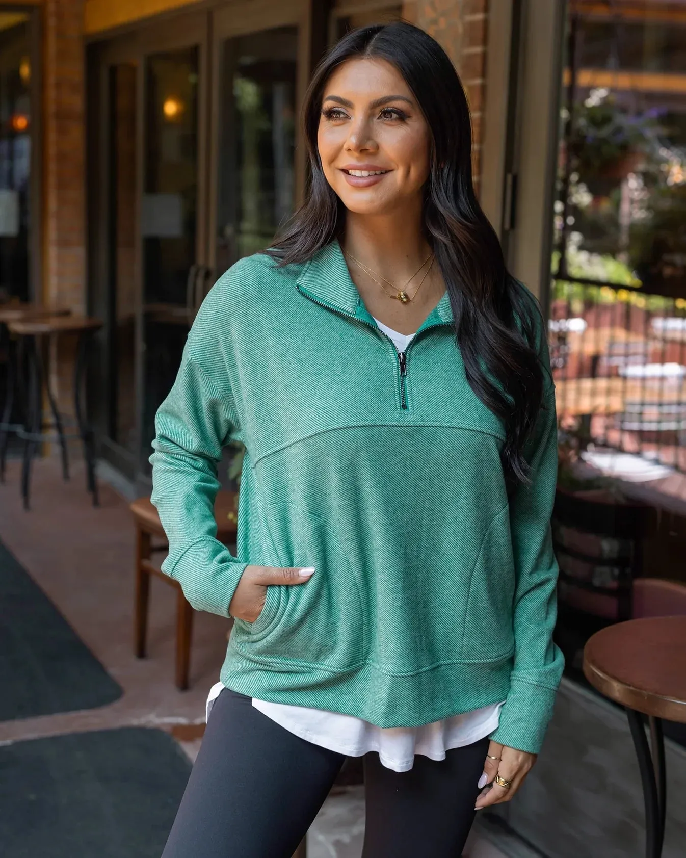 Cool Day Quarter Zip Pullover in Glade Green by Grace & Lace (Ships in 1-2 Weeks)
