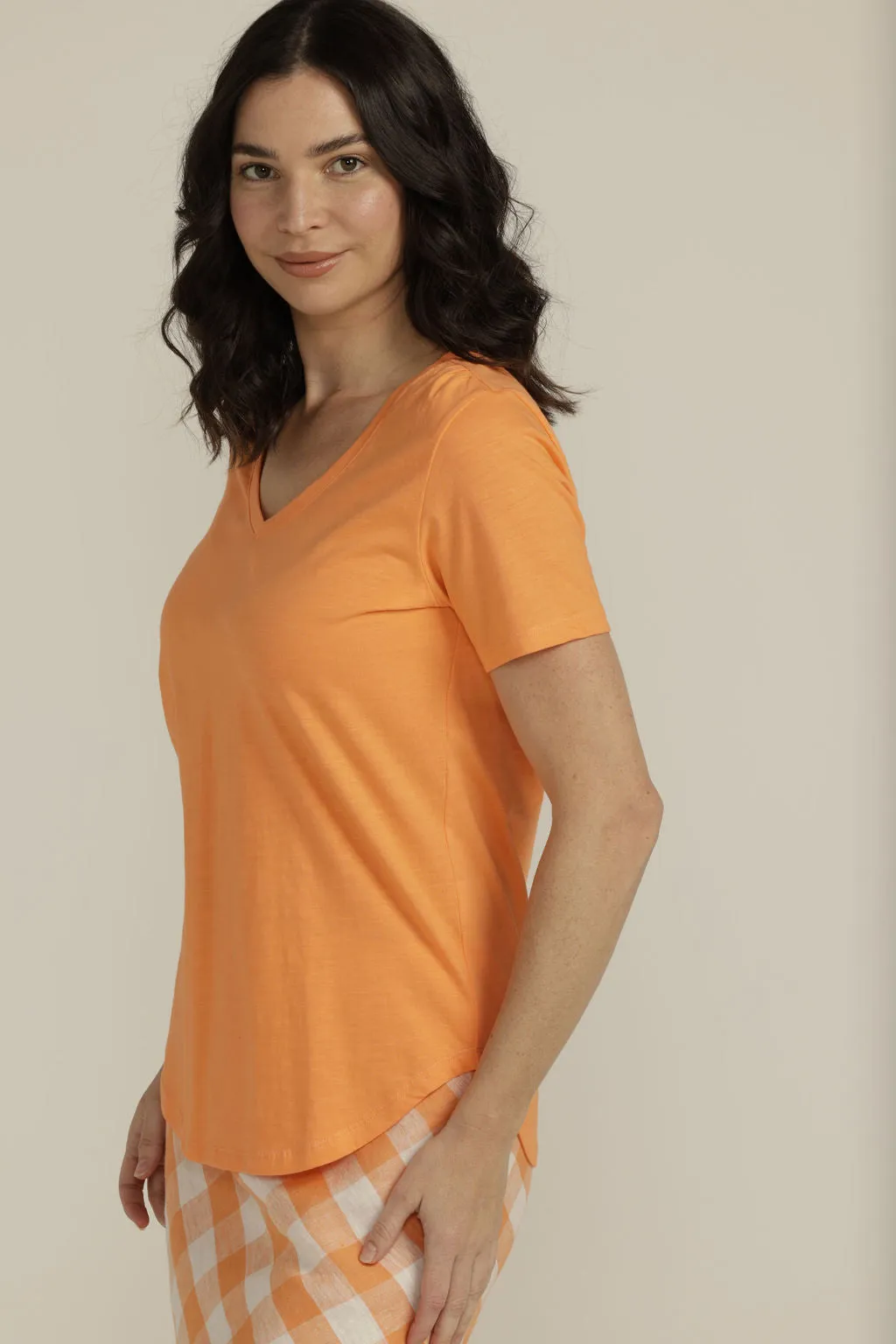 Cotton V Neck Tee Orange
