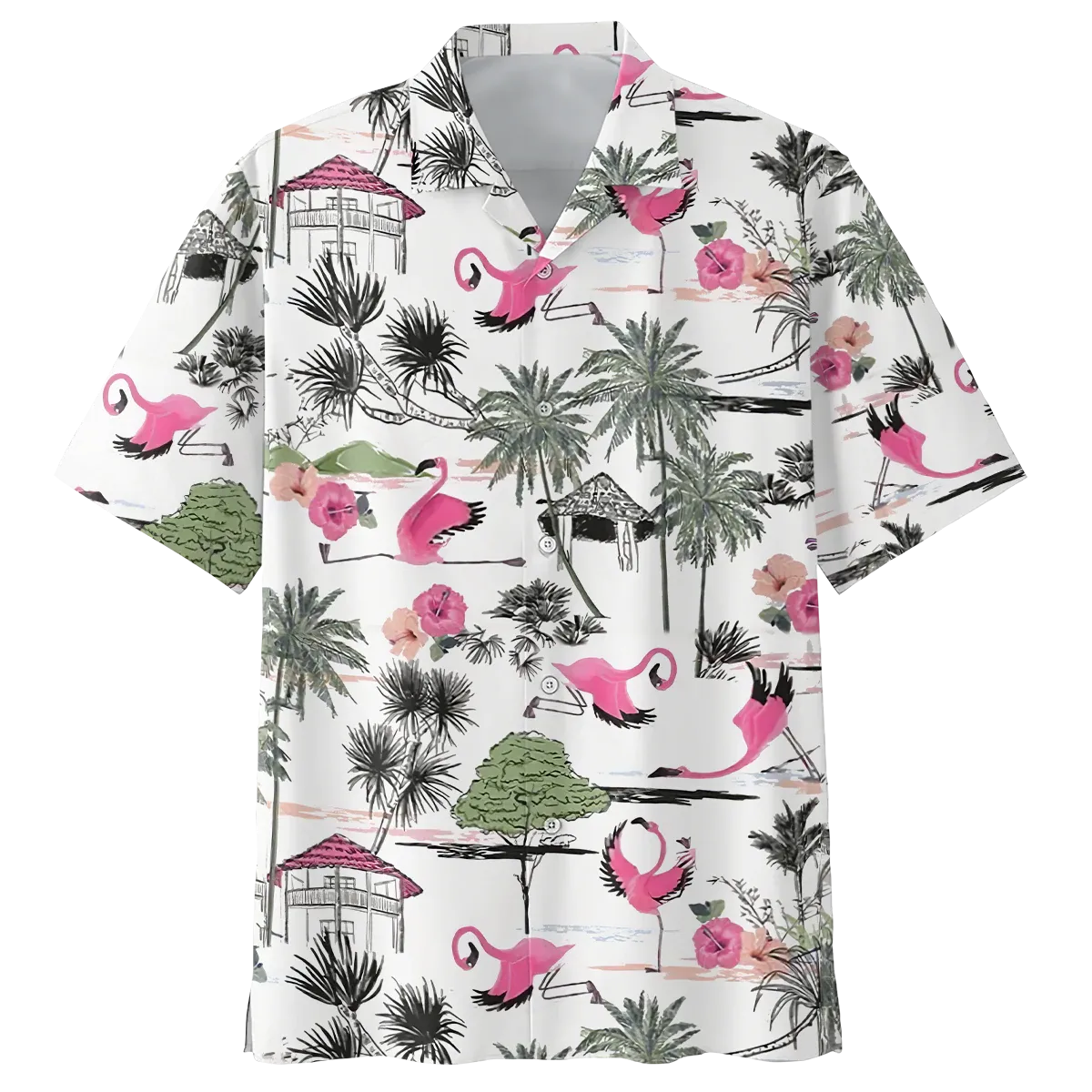 Flamingo Hawaiian Shirt, Flowers Flamingo Aloha Shirt, Men's Hawaiian Shirt Button Down Short Sleeves