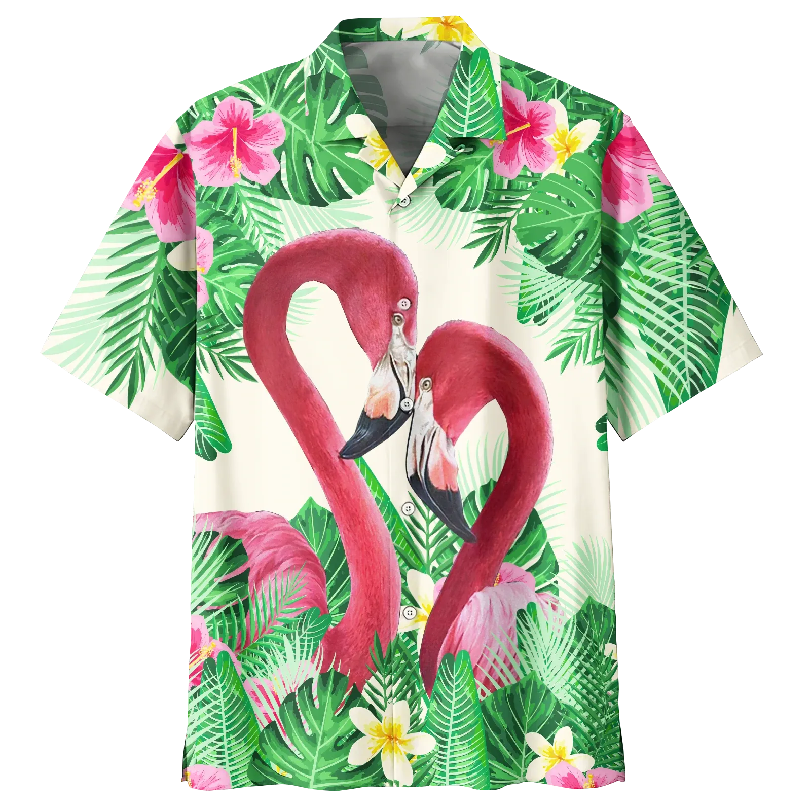 Flamingo Hawaiian Shirt, Flowers Flamingo Aloha Shirt, Men's Hawaiian Shirt Button Down Short Sleeves