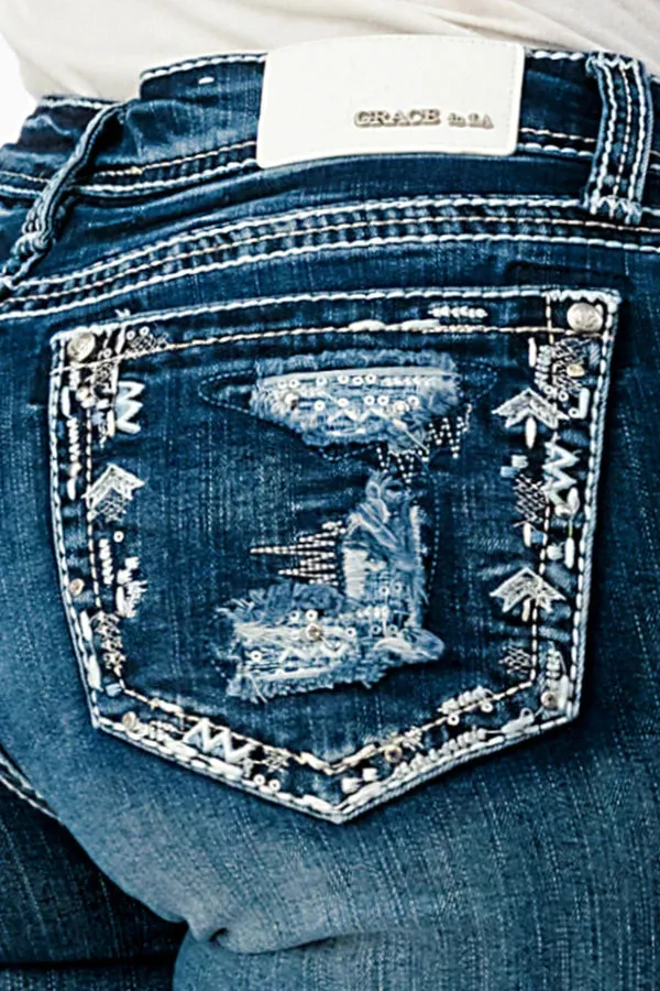 GRACE IN LA BORDER EMBROIDERY MID RISE DENIM SHORTS