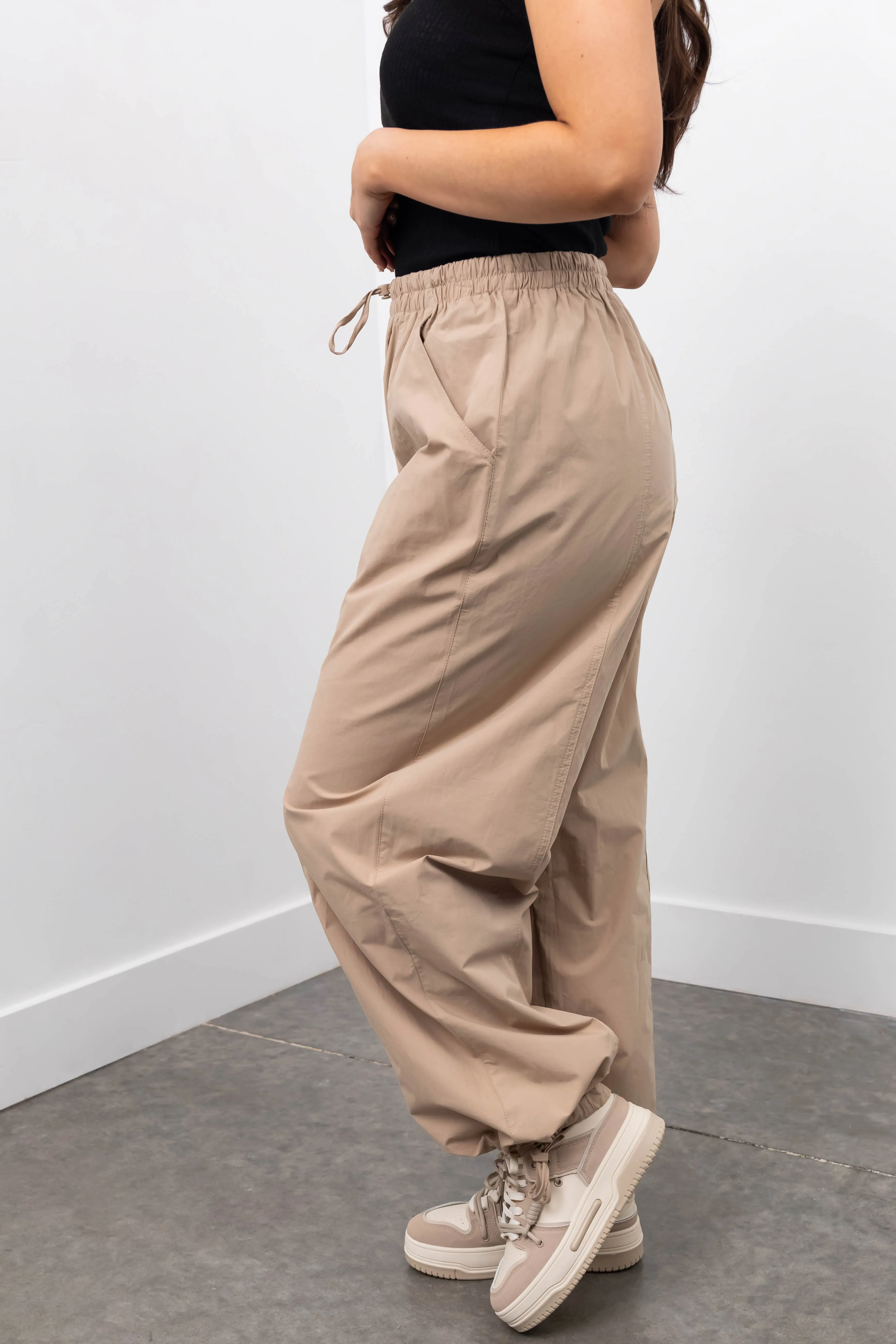 Khaki Drawstring Hem Windbreaker Pants