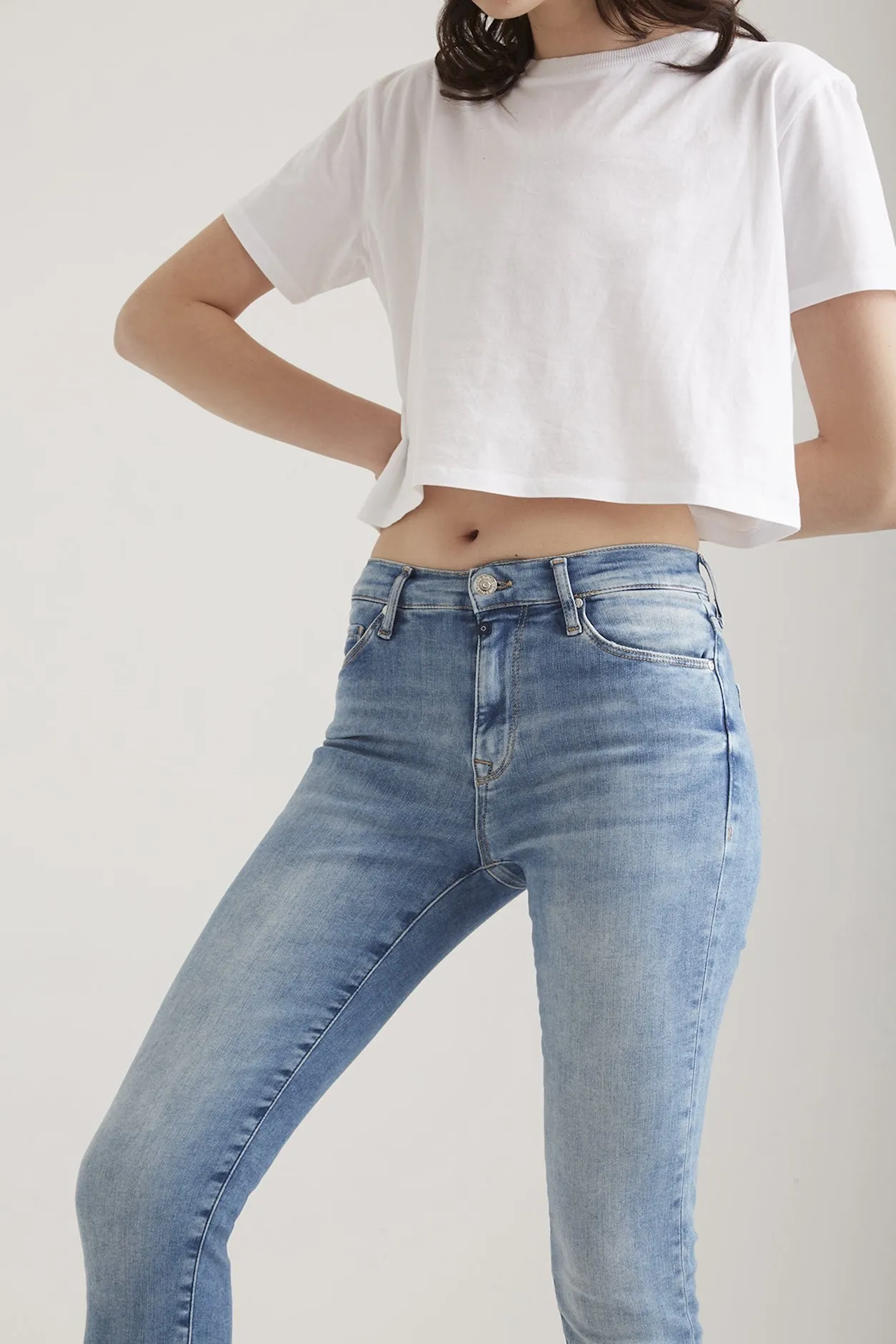 Lina High Waist 5 Pocket Ankle Jeans Blue Fringe
