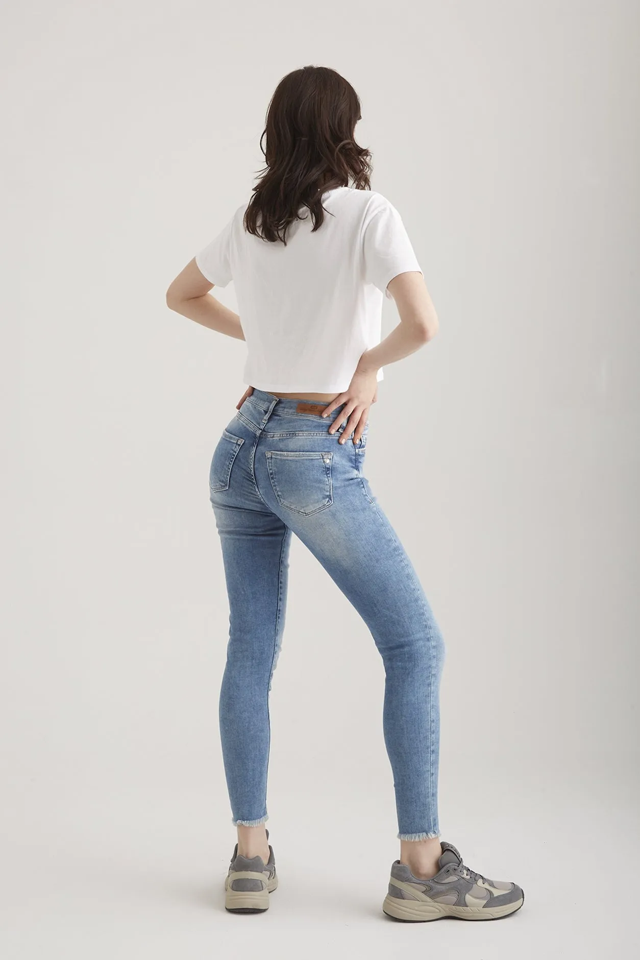 Lina High Waist 5 Pocket Ankle Jeans Blue Fringe