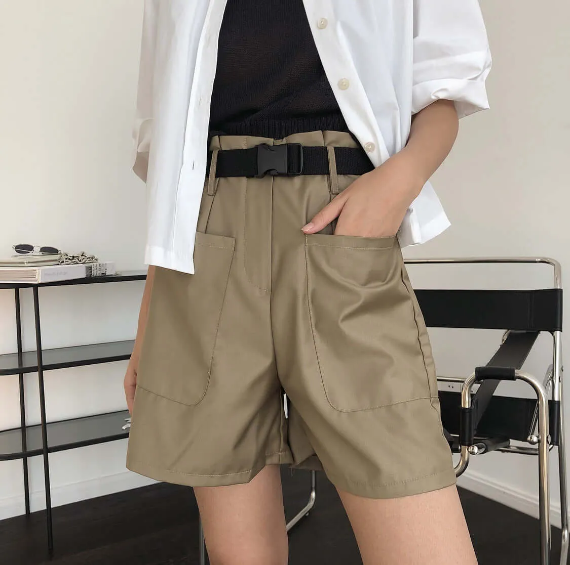 Long legs single product summer new hipster high waist straight shorts loose slime display high casual belt wide pants female