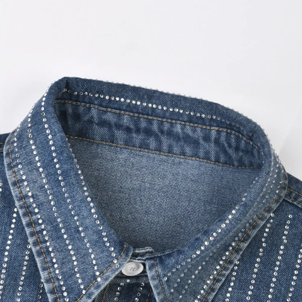 Pre Order:  Rhinestones Stripes Loose Denim Shirt