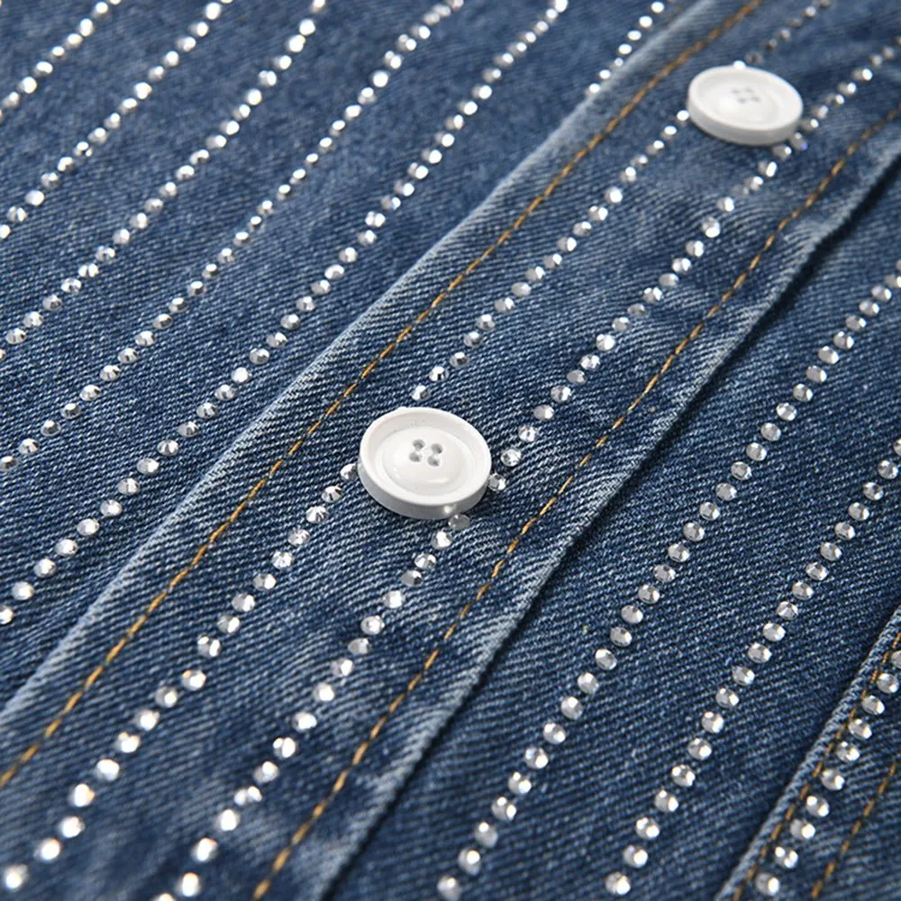 Pre Order:  Rhinestones Stripes Loose Denim Shirt