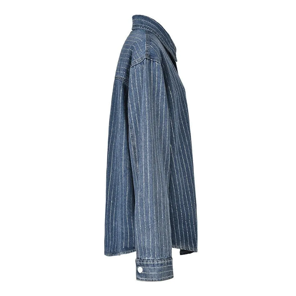 Pre Order:  Rhinestones Stripes Loose Denim Shirt