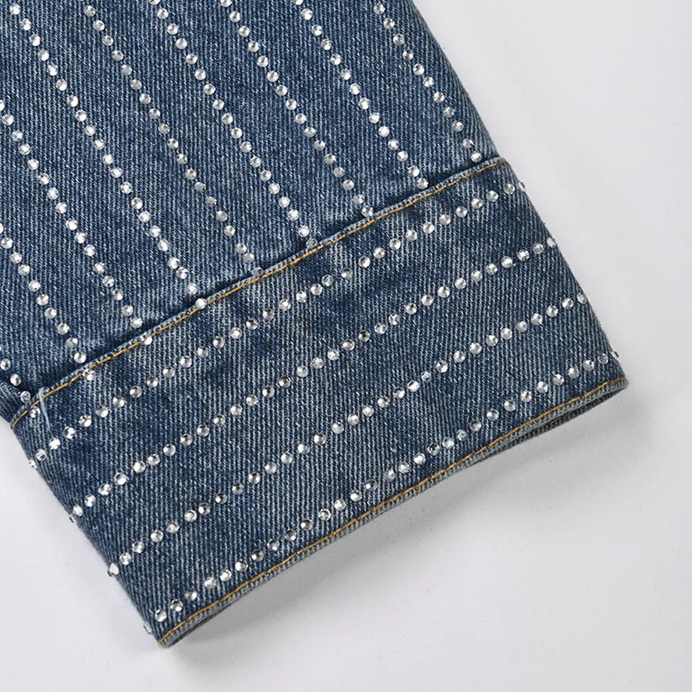 Pre Order:  Rhinestones Stripes Loose Denim Shirt