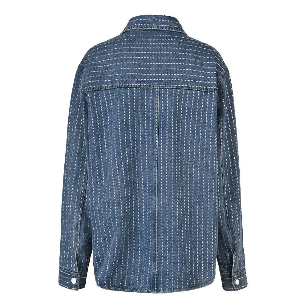 Pre Order:  Rhinestones Stripes Loose Denim Shirt