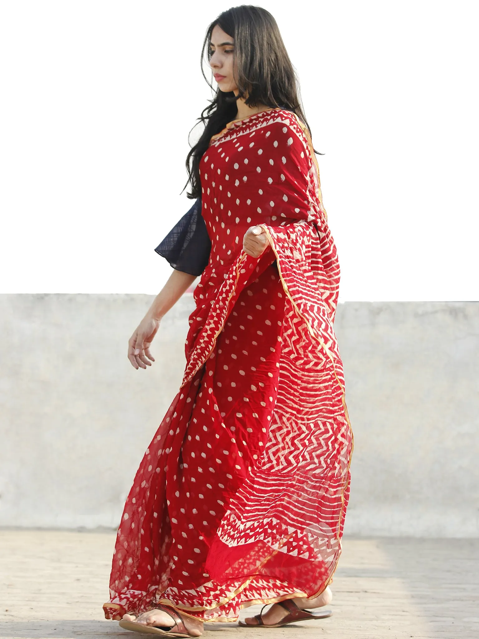 Red and White  Hand Block Printed Chiffon Saree with Zari border- S031702695