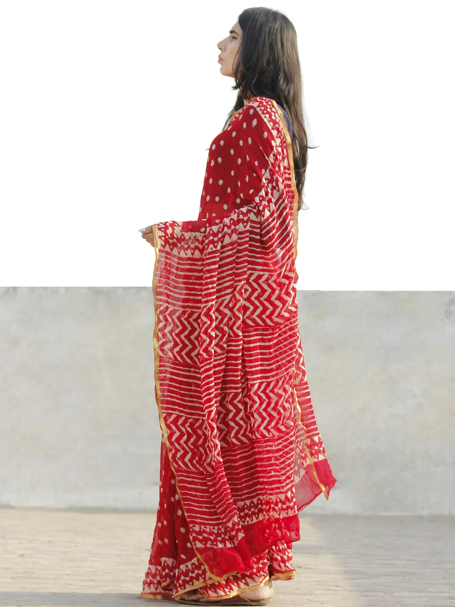 Red and White  Hand Block Printed Chiffon Saree with Zari border- S031702695