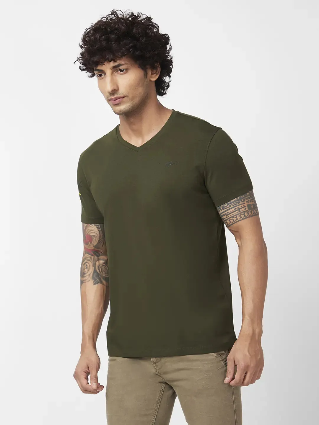 Spykar Men Rifle Green Blended Slim Fit Half Sleeve V-Neck Plain Tshirt