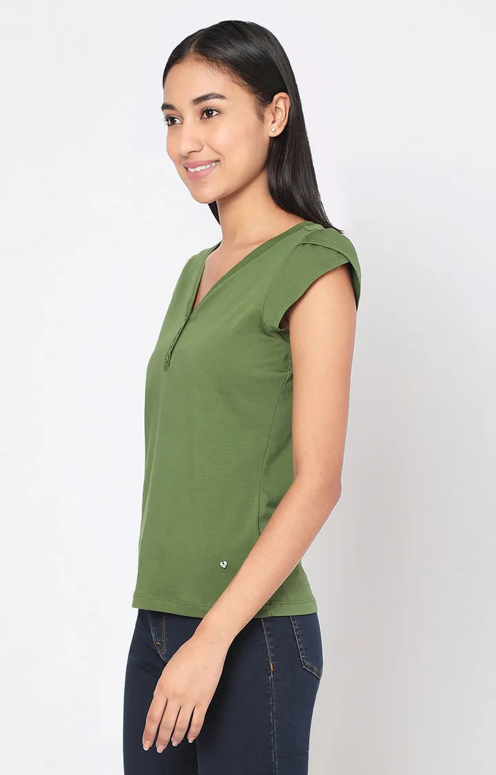 Spykar Women Green Cotton Regular Round Neck T-Shirts