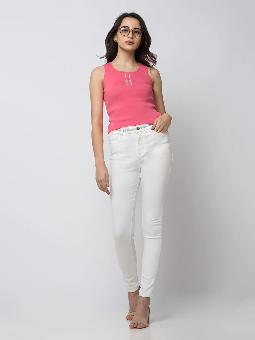 Spykar Women Pink Lycra Slim Fit Round Neck Crop T-Shirt