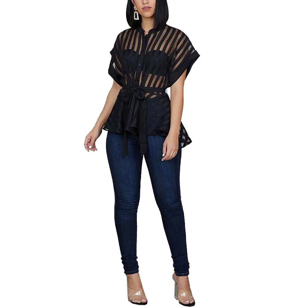 Trendy Flared Striped Short Sleeve Blouse With Waist
