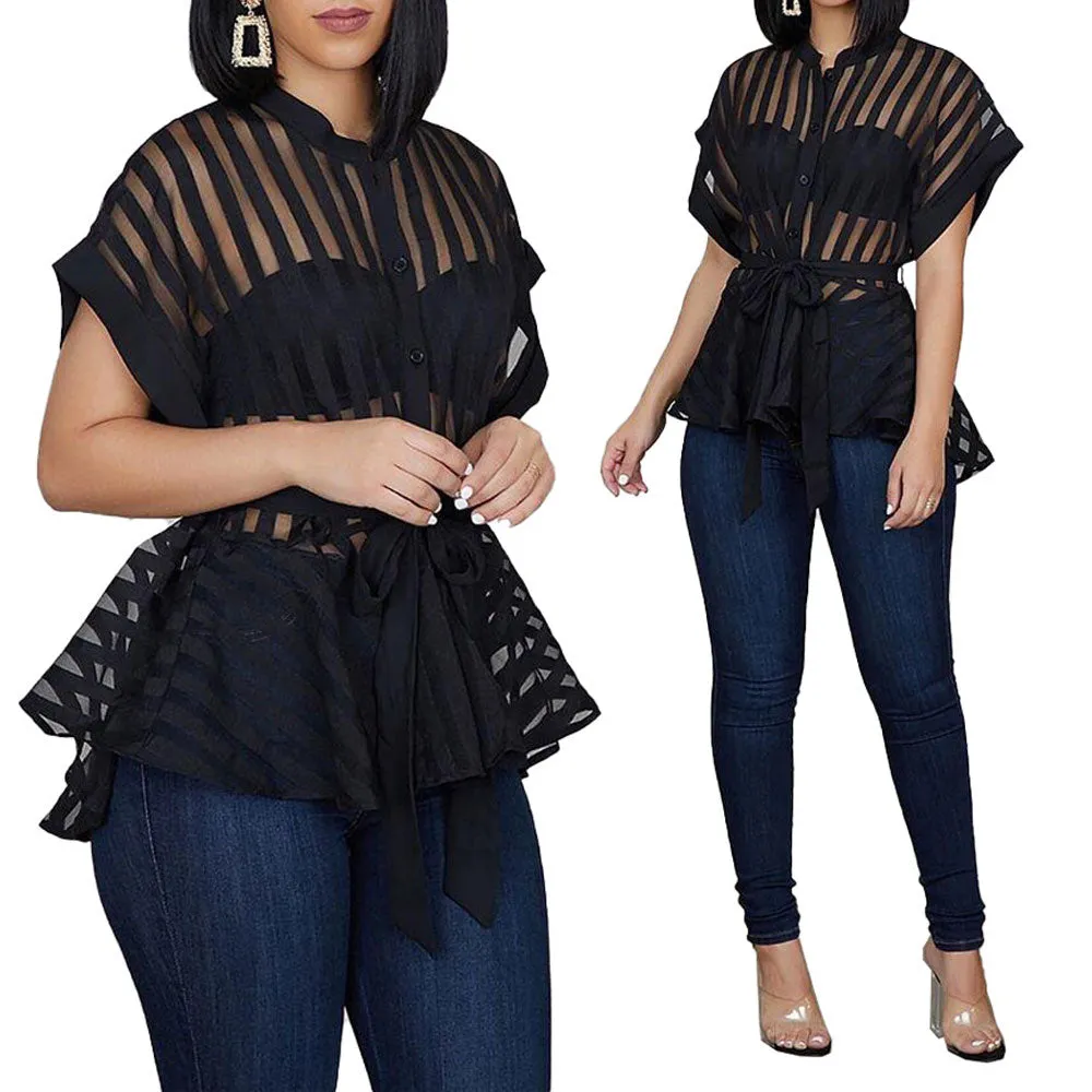 Trendy Flared Striped Short Sleeve Blouse With Waist