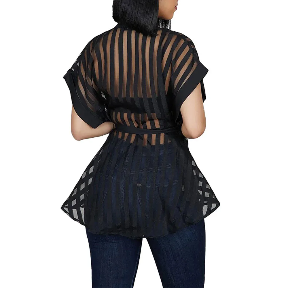 Trendy Flared Striped Short Sleeve Blouse With Waist