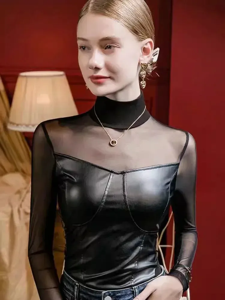 Trendy High Collar Mesh Leather Long-Sleeve