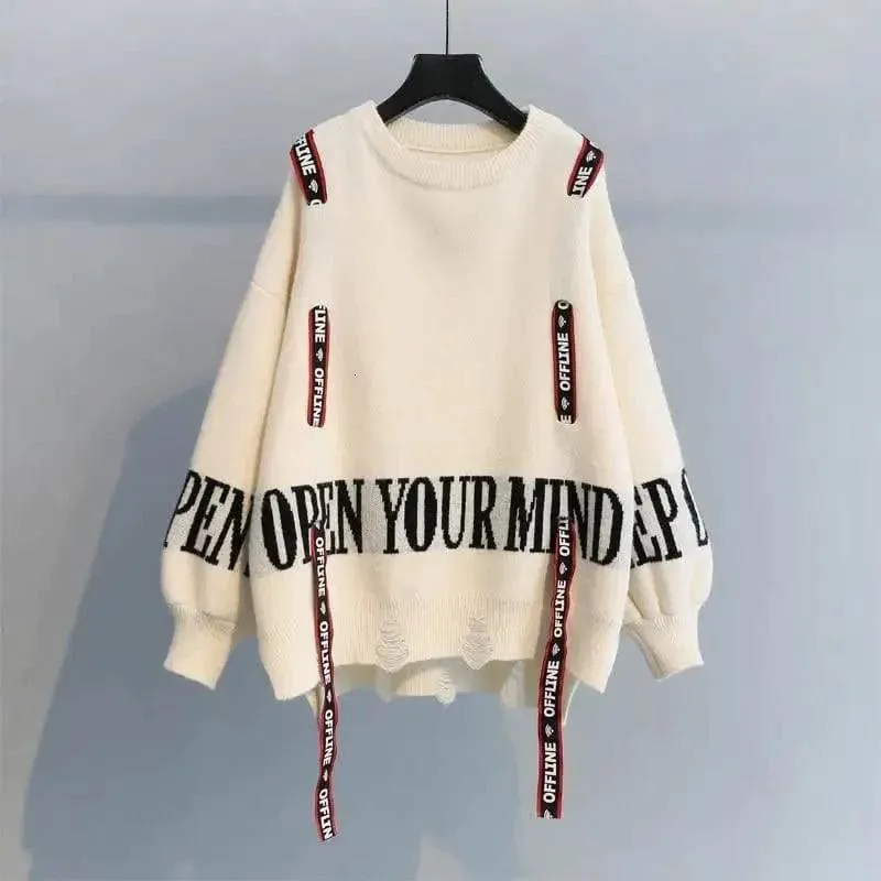 Turtleneck sweater letter holes