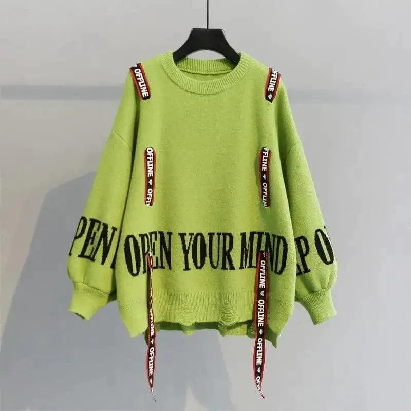 Turtleneck sweater letter holes
