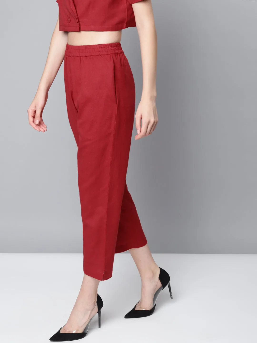 Women Maroon Cotton Linen Straight Pants
