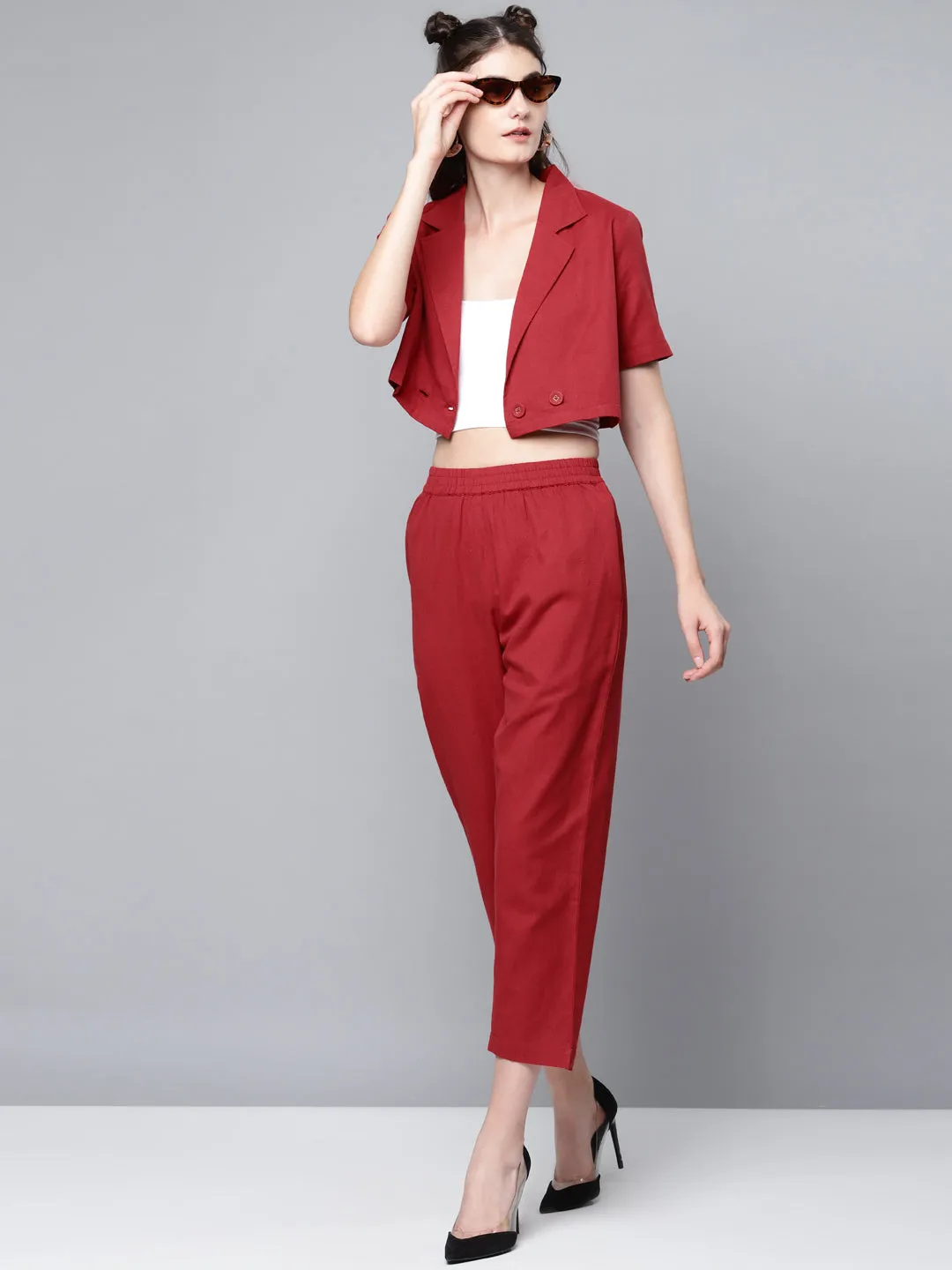 Women Maroon Cotton Linen Straight Pants