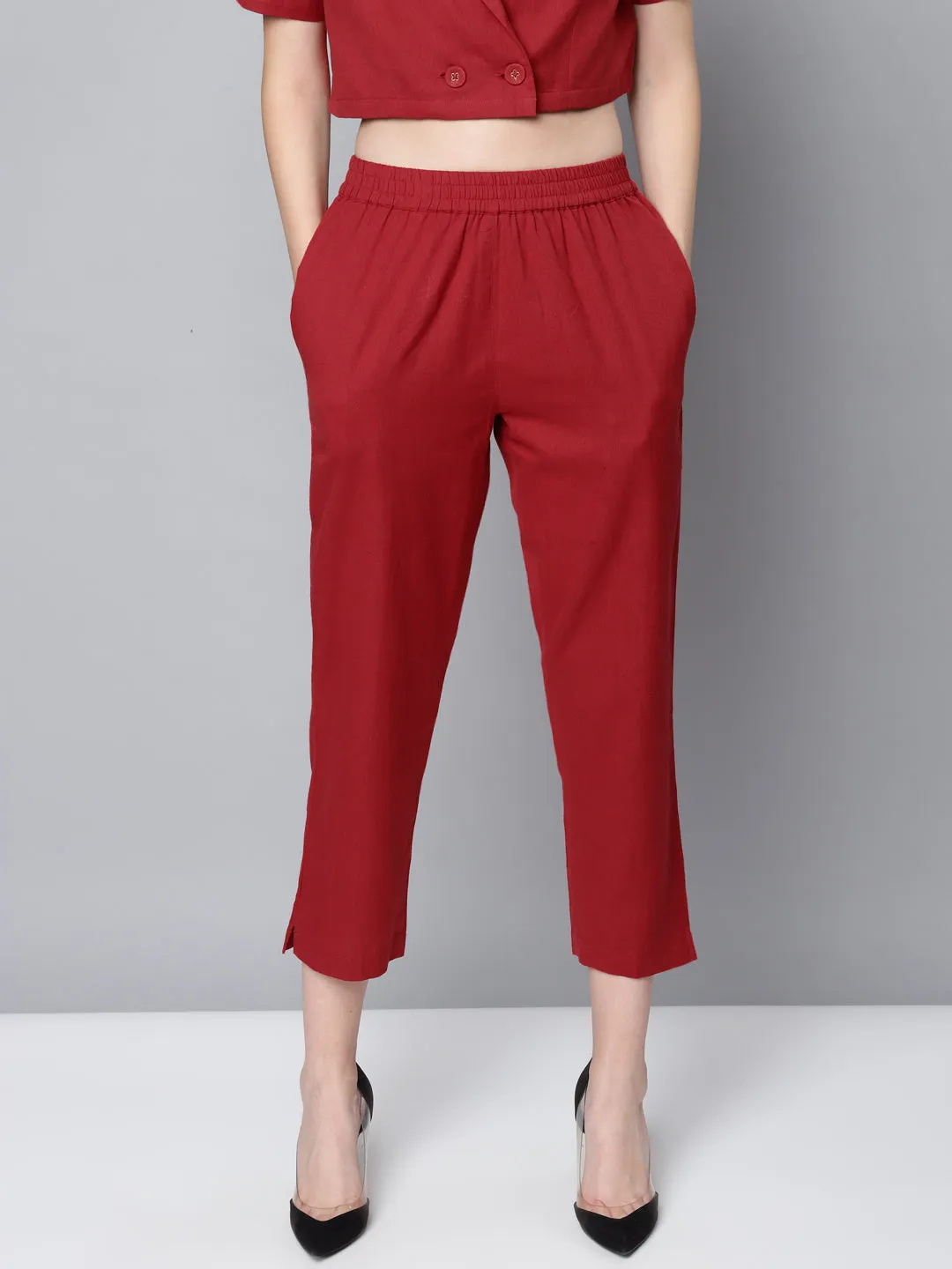 Women Maroon Cotton Linen Straight Pants