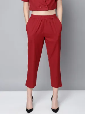 Women Maroon Cotton Linen Straight Pants