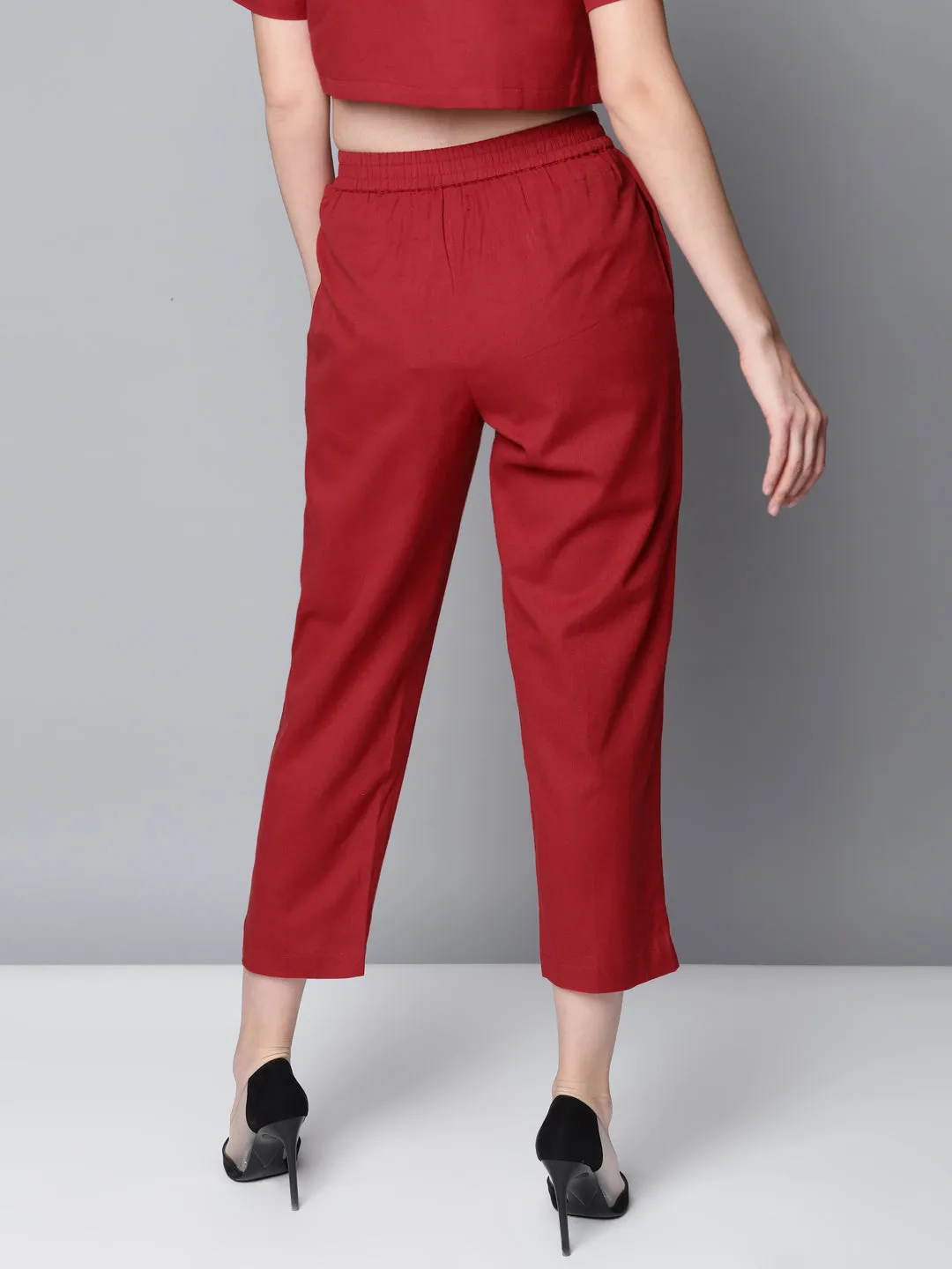 Women Maroon Cotton Linen Straight Pants