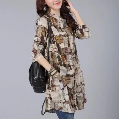 Women Shirts 2017 Autumn Linen Women Tops Long Sleeve Shirt Women Tribal Print Blouses Blusas Long Tunic Tops Female Clothing