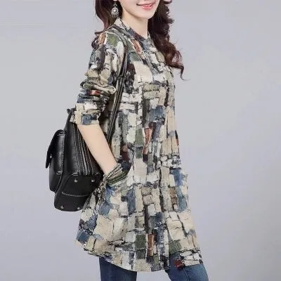 Women Shirts 2017 Autumn Linen Women Tops Long Sleeve Shirt Women Tribal Print Blouses Blusas Long Tunic Tops Female Clothing