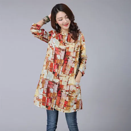 Women Shirts 2017 Autumn Linen Women Tops Long Sleeve Shirt Women Tribal Print Blouses Blusas Long Tunic Tops Female Clothing