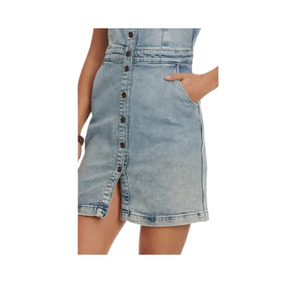 Wrangler Retro Women's Light Wash Denim Sleeveless V-Neck Snap Down Front Dress